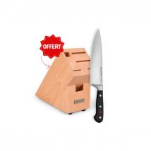 Couteau lame 20cm acier inox forgéDureté 58 HRCManche en POM noir 3 rivets inoxMitre pleine acier inoxydableBloc en bois de hêtre6 emplacements4 pieds