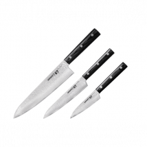 Coffret 3 Samura Damascus 67. Cœurs en acier VG10 résistant.Lames damassées 67 couches élégante. Dureté de 61 HRC pour un très bon tranchant.Manche en