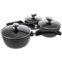 Lot 3 casseroles en fonte d'aluminium 16, 18, 20cm façon pierre induction Pradel Excellence Onda avec couvercles - Couteaux du Chef - Couteaux du Chef