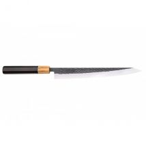 Couteau Yuzo Black japonais sujihiki 27cm acier SLD brut martelé mitre olivier - Couteaux du Chef - Couteaux du Chef