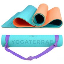 Tapis De Yoga Turquoise Corail Tpe Dim. 183x61x0,6 Cm + Sangle De Transport Et D’étirements En Coton - YOGATERRAE