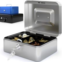 Caisse À Monnaie - Petite Caisse 20.5x16x9cm- 8 Compartiments- 2 Clés, Poignée De Transport Robuste- 100% Sécurité - Argent- Acropaq - Acropaq