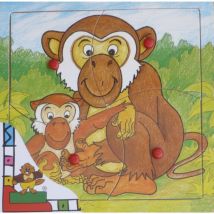 Puzzle En Bois Singe Et Son Petits 4 Pieces - Beeboo - Puzzle A Encastrer Avec Boutons - 0000002c - Beeboo