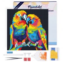 Mini Diamond Painting Broderie Diamant Figured’art 25x25cm Toile Tendue Sur Châssis En Bois - Diamants Ronds - Perroquets Abstraits Pop Art - 