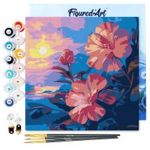 Mini Peinture Par Numéros Figured'art 20x20cm Avec Cadre Hibiscus Au Coucher De Soleil - Petit Format
