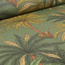 Tissu Toile Coton Lin Golden Palm Sur Fond Vert Kaki - Au Mètre - Craftine
