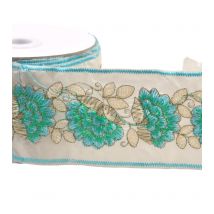 Bobine 10m Galon Brodé Fleurs Et Feuilles 60mm Bleu Acier - MyMercerie