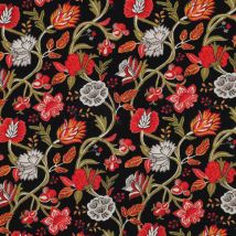 Tissu Viscose Stretch Folkloria Fleurs Rouges Sur Fond Noir - Au Mètre - Craftine