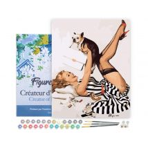 Peinture Par Numéro Figured'art Avec Cadre Pin-up En Robe Et Son Chien - Activité Manuelle Kit De Loisir Créatif Diy Numéro D'Art Complet - 40x50cm