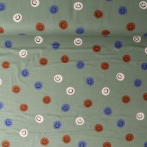 Tissu Flanelle De Coton Zoé Smiley Bleu Sur Fond Vert Olive - Craftine
