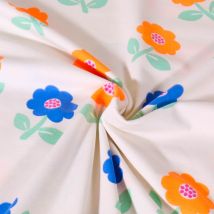 Tissu Jersey Coton Poppy Fleurs Bleues Et Orange Fluo Sur Fond Blanc - Craftine