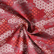 Tissu Coton Cretonne Shogun Motifs Traditionnels Japonais Sur Fond Rouge - Craftine