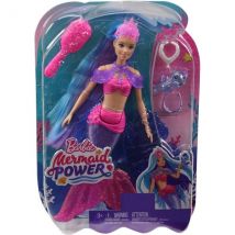 Poupee Barbie Mermaid Power : Sirene Roberts Cheveux Bleu Et Violet + Animal + 3 Accessoires - Mattel - Hhg52 - Barbie