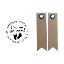 Tampon Bois Naissance Garçon + 20 Étiquettes Kraft Fanion - Youdoit