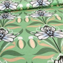 Tissu Viscose Satiné Fleur De Lys Sur Fond Vert Menthe - Au Mètre - Craftine