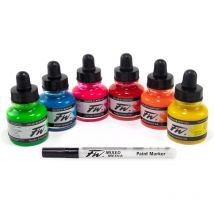 Encres Acrylique - 6 Flacons 29,5ml + 1 Marqueur - Couleurs Fluos - Daler Rowney