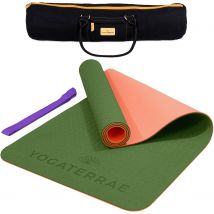 Tapis De Yoga Vert Kaki Corail Tpe Dim. 183x61x0,6 Cm + Sangle De Transport Et D’étirements + Sac - YOGATERRAE