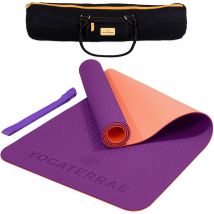 Tapis De Yoga Violet Corail Tpe Dim. 183x61x0,6 Cm + Sangle De Transport Et D’étirements + Sac Coton - Yogaterrae
