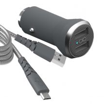 Force Power Chargeur Voiture 4.8a (2.4+2.4a) Ic Smart + Câble Renforcé Usb A/micro Usb Gris