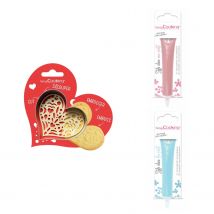 Kit Pour Biscuit En Relief Coeur + 2 Stylos Au Chocolat Rose Pastel Et Bleu Pastel - Scrapcooking