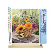 Peinture Par Numéro Figured'art - Fleurs Dans Un Panier Et Oiseaux - Kit De Loisir Créatif Diy Numéro D'Art Complet - 40x50cm Toile Roulée + Châssis