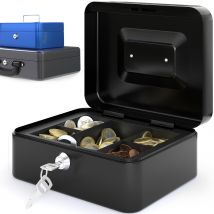 Caisse À Monnaie - Petite Caisse 20.5x16x9cm- 8 Compartiments- 2 Clés, Poignée De Transport Robuste- 100% Sécurité - Noir- Acropaq - Acropaq