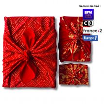 Papier Cadeau Réutilisable Emballage Furoshiki Coton Recyclé 3 Pieces En 1 Carédeau Pack Famille 'amour' En Rouge 100% Coton