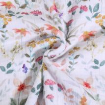 Tissu Double Gaze De Coton Digital Fleuris Lia Sur Fond Blanc - Au Mètre - Craftine
