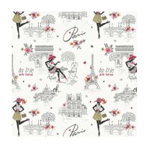 Tissu Jacquard Tissé Paris Chic Ecru/rouge Ecru Vendu Au Mètre - Distrifil