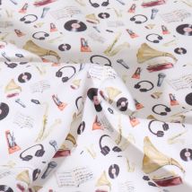 Tissu Coton Imprimé Melo Instruments Musique Vintage Sur Fond Blanc - Au Mètre - Craftine