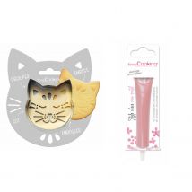 Kit Pour Biscuit En Relief Chat + Stylo Au Chocolat Rose Pastel - Scrapcooking