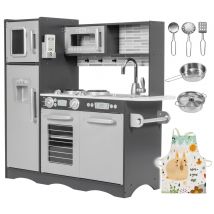 Cuisine Enfant En Bois Éclairage Led, Ustensiles Tablier Frigo Micro-ondes Plaque - Mamabrum