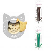 Kit Pour Biscuit En Relief Chat + 2 Stylos Au Chocolat Marron Et Vert - Scrapcooking