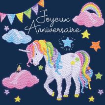 Kit Carte Broderie Diamant 18x18cm Anniversaire Licorne - Crystal Art