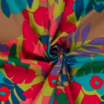 Tissu Coton Stretch Imprimé Feuilles Rouges, Verts Et Rouges Sur Fond Vert Anis - Craftine