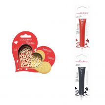 Kit Pour Biscuit En Relief Coeur + 2 Stylos Au Chocolat Rouge Et Noir - Scrapcooking