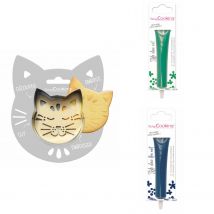 Kit Pour Biscuit En Relief Chat + 2 Stylos Au Chocolat Vert Et Bleu Nuit - Scrapcooking