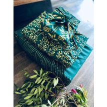 Papier Cadeau Réutilisable Emballage Furoshiki 3 Pieces En 1 Coton Recyclé Carédeau Pack Famille 'beauté' En Vert Sapin 100% Coton