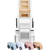 Mamabrum Camion Porte Voitures En Bois Premier Âge - Transporteur Avec Piste De Remorquage - Dépanneuse Avec 4 Voitures Couleurs Pastel