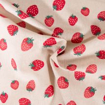 Tissu Toile De Coton Aspect Lin Fraises Rouges Sur Fond Beige - Au Mètre - Craftine