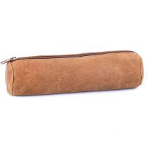 Trousse - Scolaire - Marron - Rond - Cuir Nubuck - 21x6 Cm - Oxford