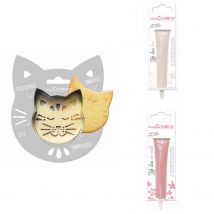 Kit Pour Biscuit En Relief Chat + 2 Stylos Au Chocolat Blanc Et Rose Pastel - Scrapcooking