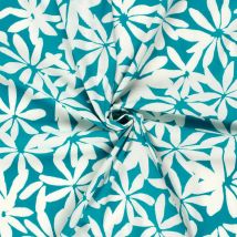 Tissu Coton Stretch Imprimé Fleurs Blanches Sur Fond Bleu Canard - Au Mètre - Craftine
