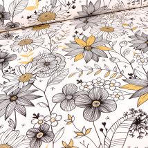Tissu Toile De Coton Fleurs Noires Blanches Et Dorées Sur Fond Blanc - Au Mètre - Craftine