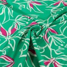 Tissu Stretch Imprimé Motifs Floraux Blanc Et Rose Sur Fond Vert - Craftine