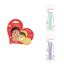 Kit Pour Biscuit En Relief Coeur + 2 Stylos Au Chocolat Vert D'Eau Et Lilas - Scrapcooking