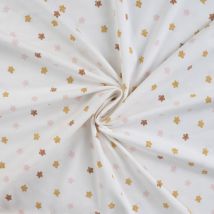 Tissu Jersey Coton Fleurs Roses, Taupes Et Or Pailleté Sur Fond Blanc - Au Mètre - Craftine