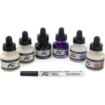 Encres Acrylique - 6 Flacons 29,5ml + 1 Marqueur - Couleurs Irisées - Daler Rowney