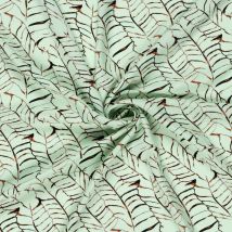 Tissu Popeline De Viscose Imprimé Feuilles Noires Sur Fond Vert Menthe Clair - Au Mètre - Craftine