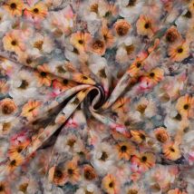 Tissu Lin Viscose Impression Fleuris Orangé Et Vert Sur Fond Bleu Ancien - Au Mètre - Craftine